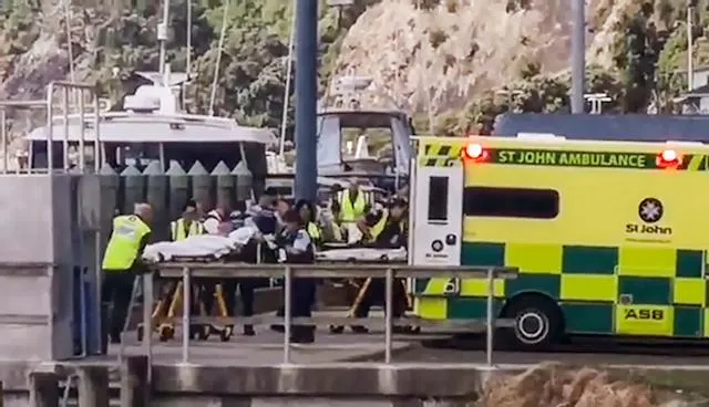 En esta imagen tomada de un video, personas lesionadas tras una erupción volcánica en la isla White son subidas a ambulancias en Whakatane, Nueva Zelanda, el lunes 9 de diciembre de 2019. (Katee Shanls/NZME vía AP)