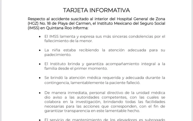 Niña muere prensa en elevador IMSS