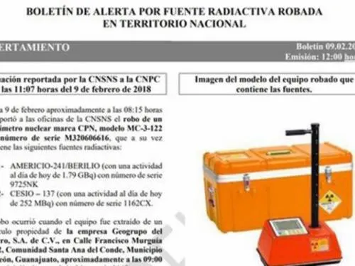 Emite Segob alerta en siete estados por robo de fuente radiactiva