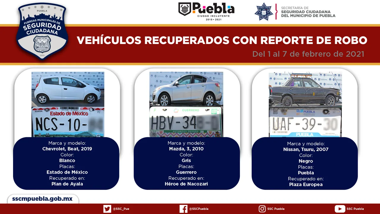 Durante primera semana de febrero, anunció policía municipal de Puebla la recuperación de cinco vehículos con reporte de robo