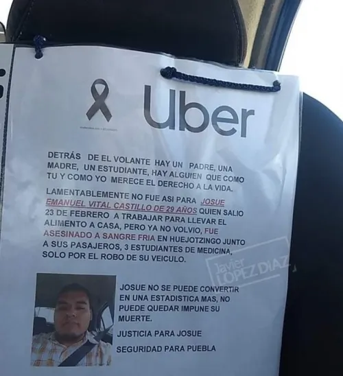 Con mensaje en unidades de UBER, choferes piden justicia para Josué Emanuel