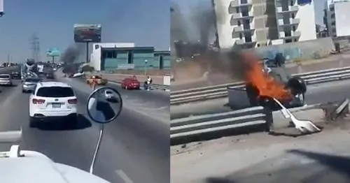 Vehículo termina en llamas tras volcadura en Periférico