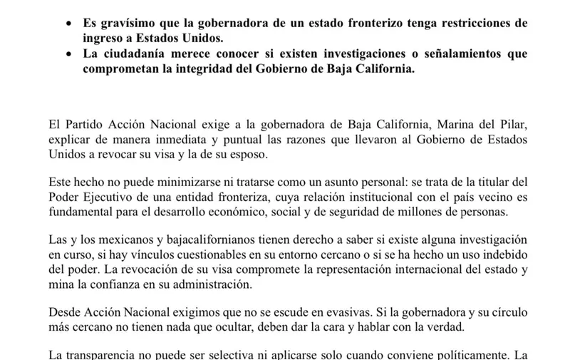 PAN exige a Marina del Pilar explicar revocación de visa por parte de Estados Unidos