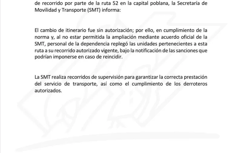 SMT advierte sanciones a ruta 52 por extender trayecto sin autorización