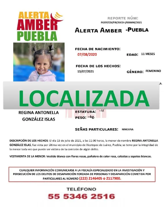 FGE desactiva Alerta Amber de Regina de 11 meses de edad