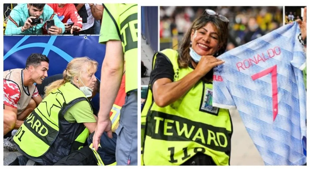 Cristiano le regaló su camiseta a una guardia de seguridad que golpeó con el balón