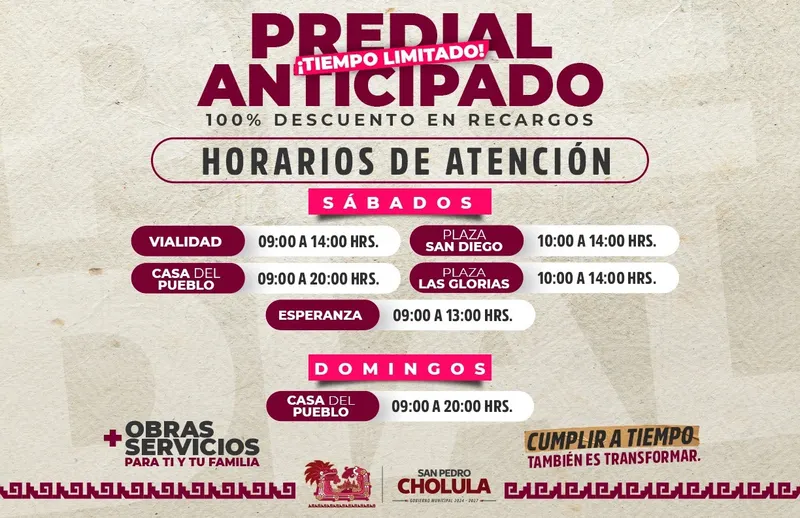 Última semana de máximos descuentos en el Predial en San Pedro Cholula