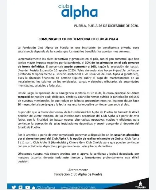 Crisis por Covid-19 alcanza al Club Alpha 4 de Puebla; cerrará sus puertas temporalmente