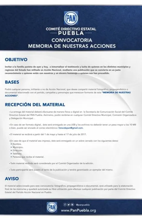 PAN Puebla lanza convocatoria para reconocer a fundadores de Acción Nacional