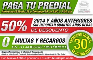 Último fin de semana de descuento en predial en Quecholac