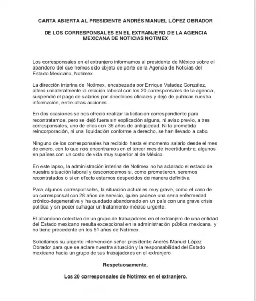 Con carta a AMLO corresponsales de Notimex denuncia abandono