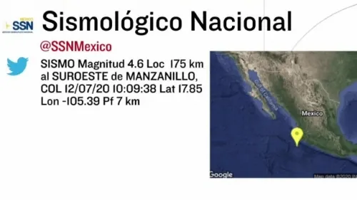 Se registra sismo de magnitud 4.6 al suroeste de Manzanillo, Colima