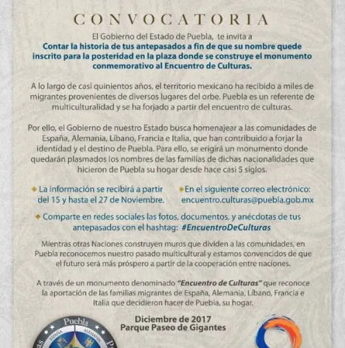 Plasmarán nombres de antepasados en el monumento “Puebla Punto de encuentro de culturas”