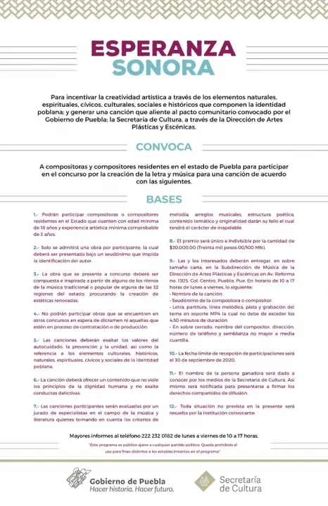 Emite Secretaría de Cultura concurso para compositores poblanos