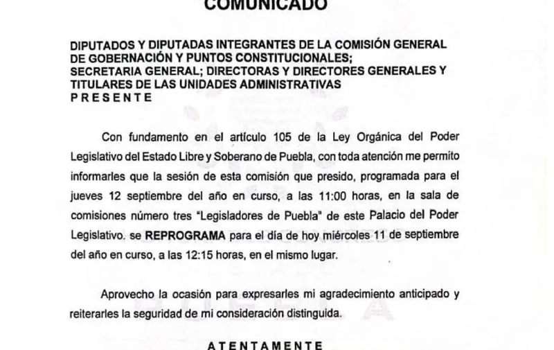Congreso de Puebla adelanta sesión en comisiones para votar y aprobar reforma judicial