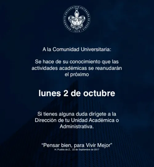 La BUAP reanuda clases hasta el 2 de octubre