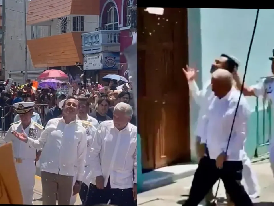 Arrojan botella de agua a AMLO