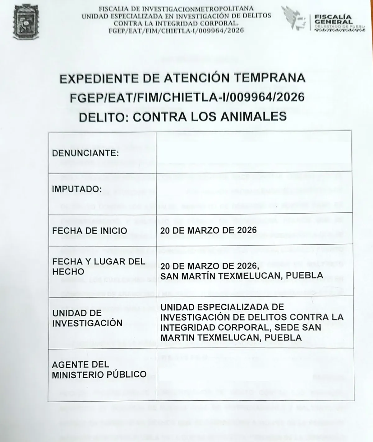 Ayuntamiento de Texmelucan denuncia casos de maltrato animal ante Ministerio Público