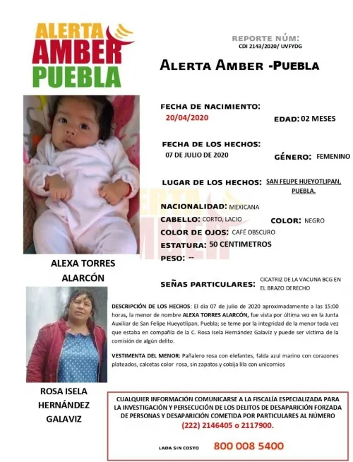 Fiscalía de Puebla activa Alerta Amber para localizar a bebé de dos meses de edad