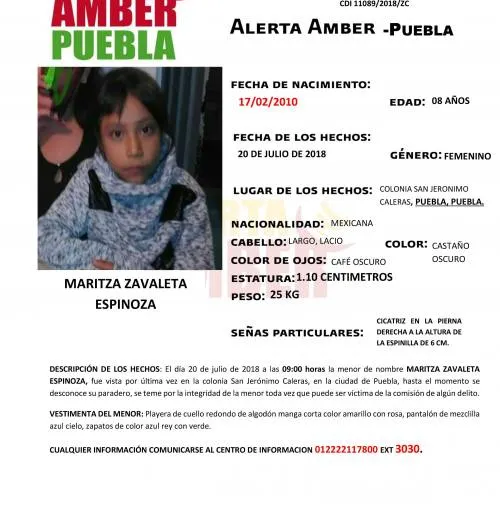 ¡Atención! Fiscalía de Puebla activó Alerta Amber para ubicar a Maritza Zavaleta Espinoza, de 8 años