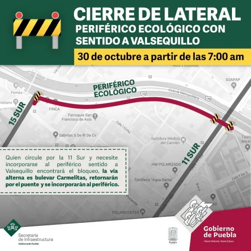Por trabajos, cierre en laterales del Periférico en sentido a Valsequillo