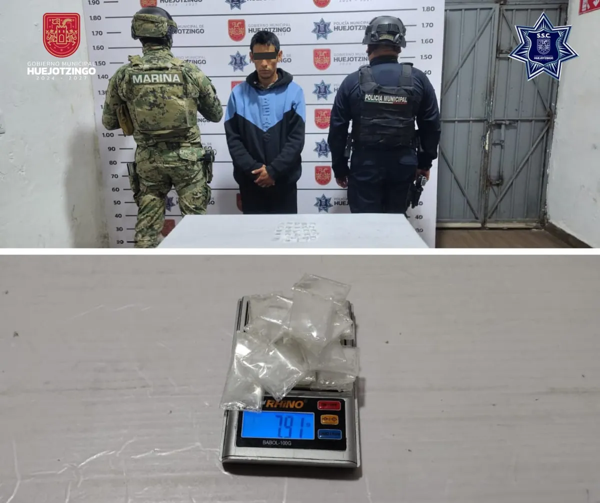 SSC de Huejotzingo detiene a tres hombres y asegura droga y vehículos robados