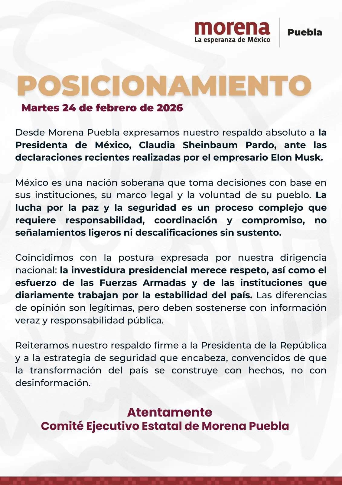 Morena Puebla cierra filas con Claudia Sheinbaum tras críticas de Elon Musk