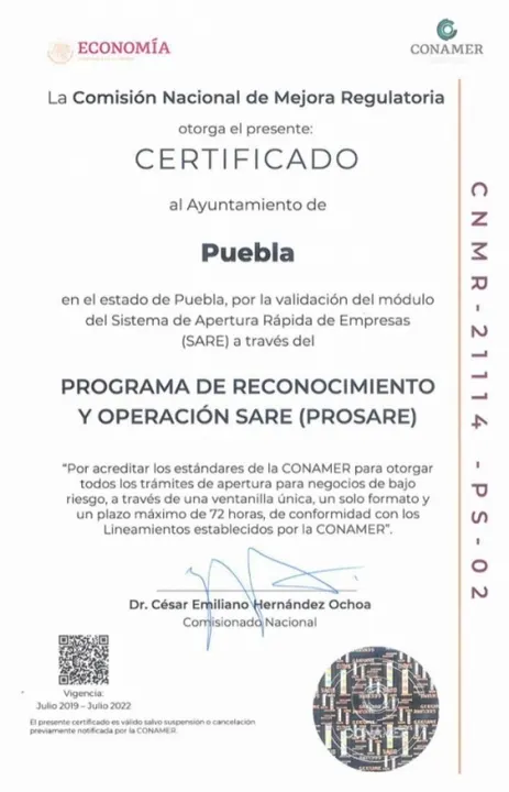 Recibe Ayuntamiento de Puebla certificado para apertura rápida de empresas
