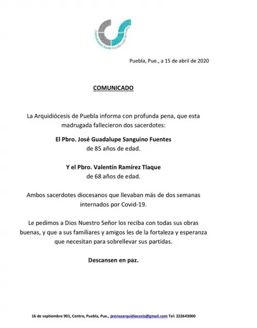 Arquidiócesis de Puebla confirma la muerte de dos sacerdotes