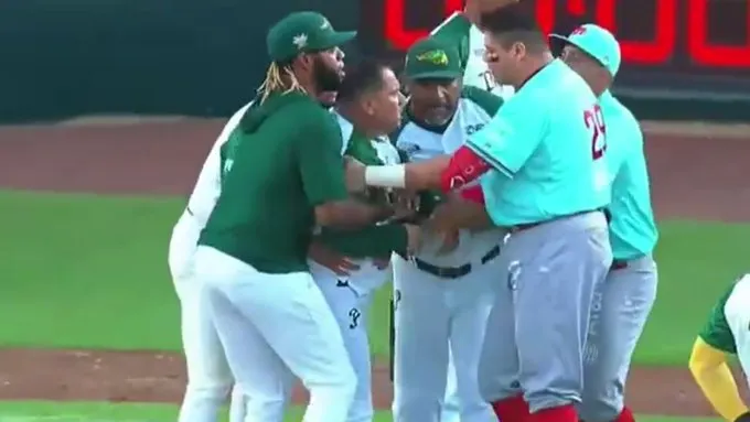 Pelea entre Pericos de Puebla y Diablos Rojos/ Foto: Captura