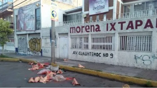 Arrojan cabezas de cerdo frente a oficinas de Morena en Edomex