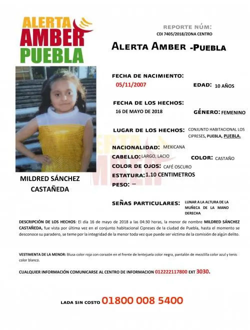 Fiscalía activa Alerta Amber para ubicar a Mildred Sánchez Castañeda de 10 años de edad