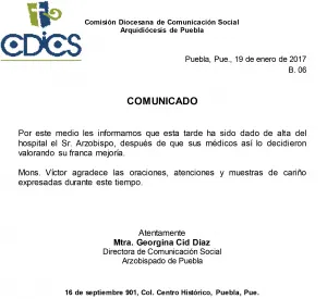 Dan de alta al Arzobispo de Puebla tras infarto