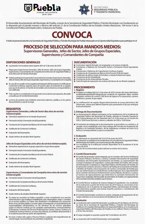 Emite Ssptm de Puebla convocatoria para selección de mandos medios