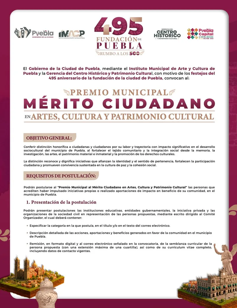 Ayuntamiento de Puebla lanza convocatoria al Premio Municipal al Mérito Ciudadano en Artes y Cultura