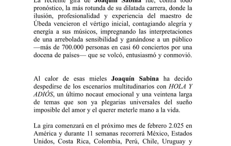 Joaquín Sabina anuncia gira de despedida "Hola y Adiós" en 2025