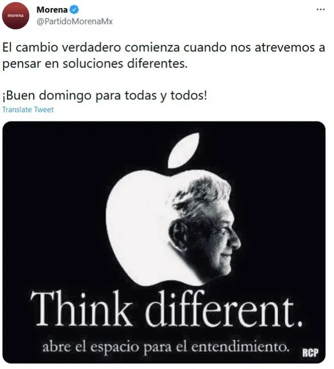 Morena utiliza logotipo y slogan de Apple para promocionar a AMLO