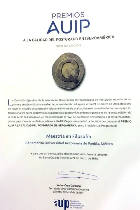 Maestría en Filosofía de la BUAP distinguida con el Premio a la Calidad del Posgrado en Iberoamérica