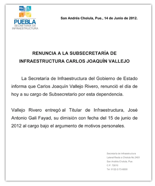 Renuncia Joaquín Vallejo a la Subsecretaría de Infraestructura