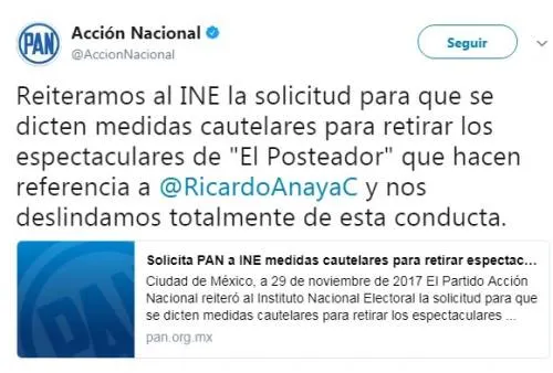 PAN pide a INE retirar espectaculares con promoción a Anaya