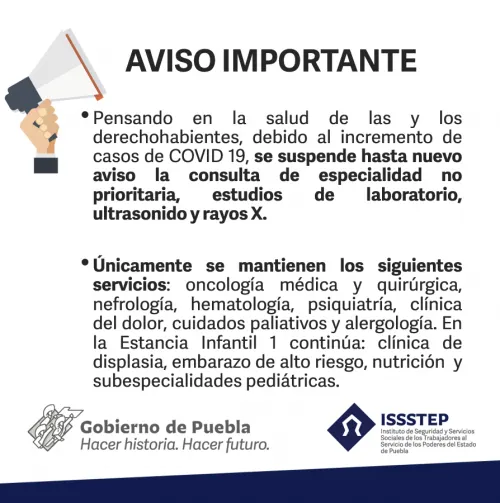 Suspende ISSSTEP programación de consultas de especialidad hasta nuevo aviso