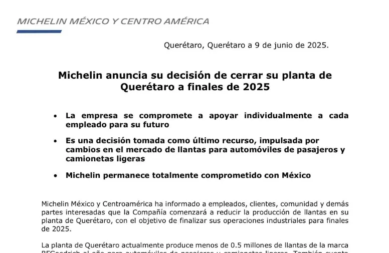 Michelin cerrará planta en Querétaro por obsolescencia tecnológica