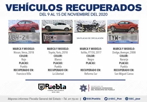 Recupera Policía Municipal de Puebla ocho vehículos con reporte de robo