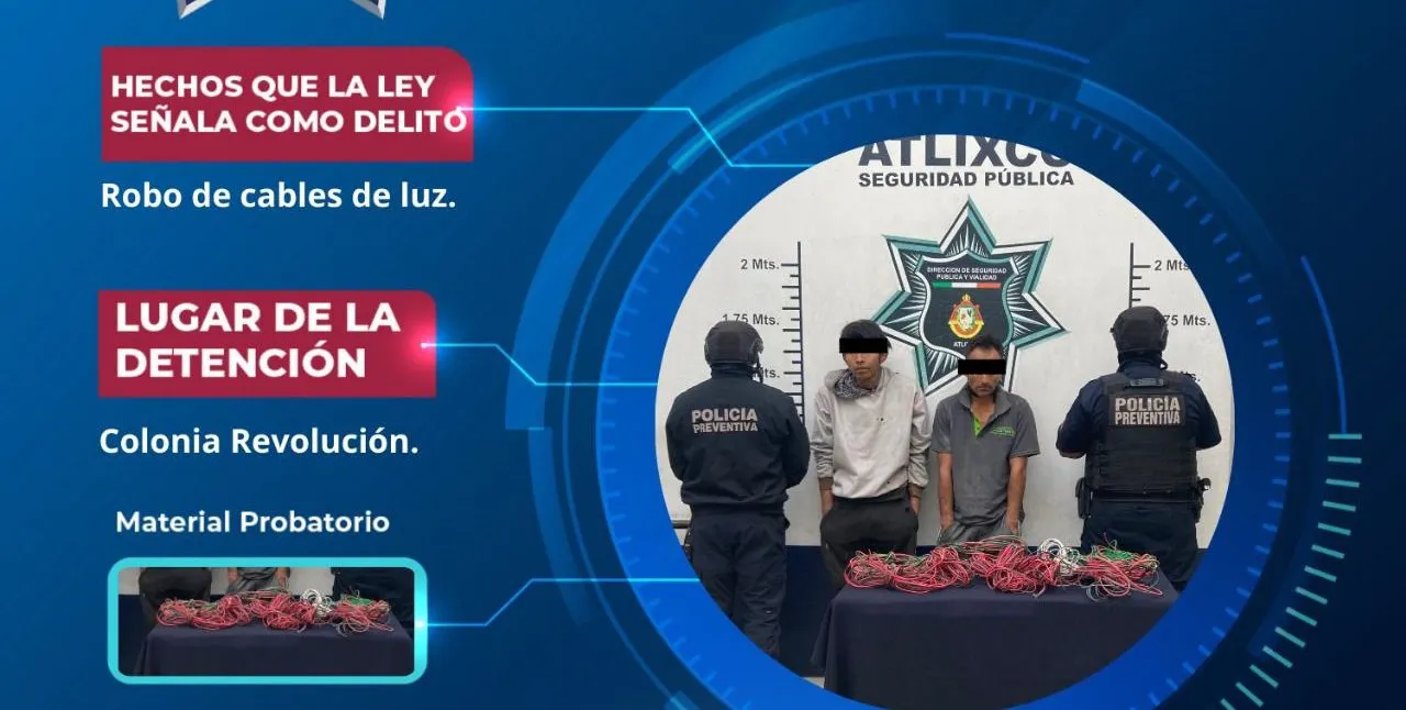 Detienen a dos sujetos por robo de cableado eléctrico en Atlixco gracias a denuncia ciudadana