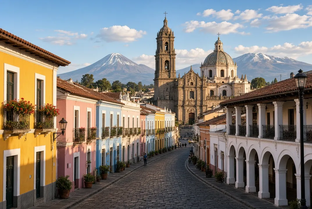 Fotografía generada de un municipio poblano, inspirada en el centro histórico de Cholula y sus alrededores