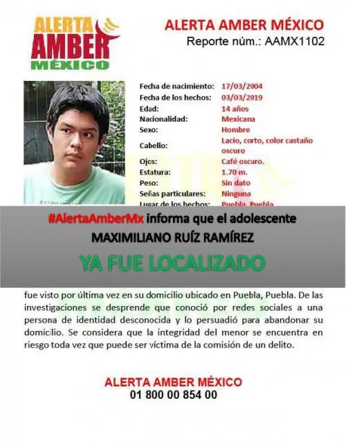 A través de Alerta Amber se localizó a Maximiliano Ruiz Ramírez de 14 años