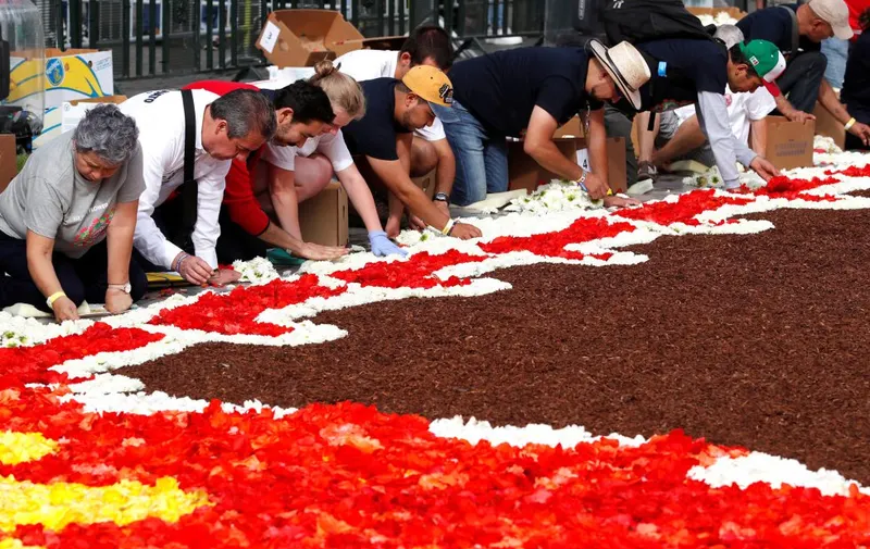 Los jardineros arreglan las flores de un tapiz floral de 1,800 metros cuadrados con el tema