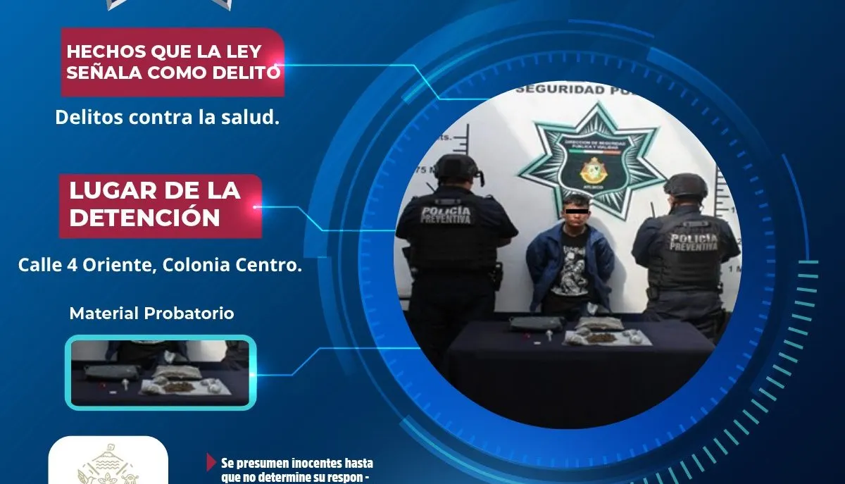 Policía de Atlixco detiene a joven por delitos contra la salud durante operativo de vigilancia