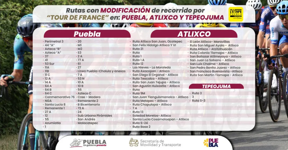 Por carrera “Tour de France”, transporte público modificará recorridos en Puebla, Atlixco y Tepeojuma: SMT