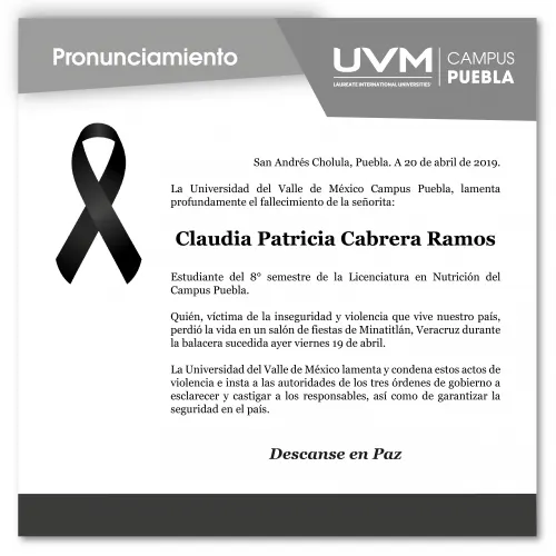 La UVM Puebla lamenta muerte de estudiante en Minatitlán